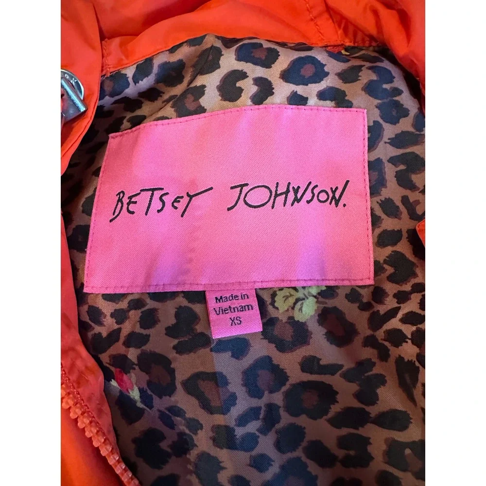 Betsey Johnson Vibrant Orange Anorak Rain Jacket‎ – Leopard & Rose Lining – XS